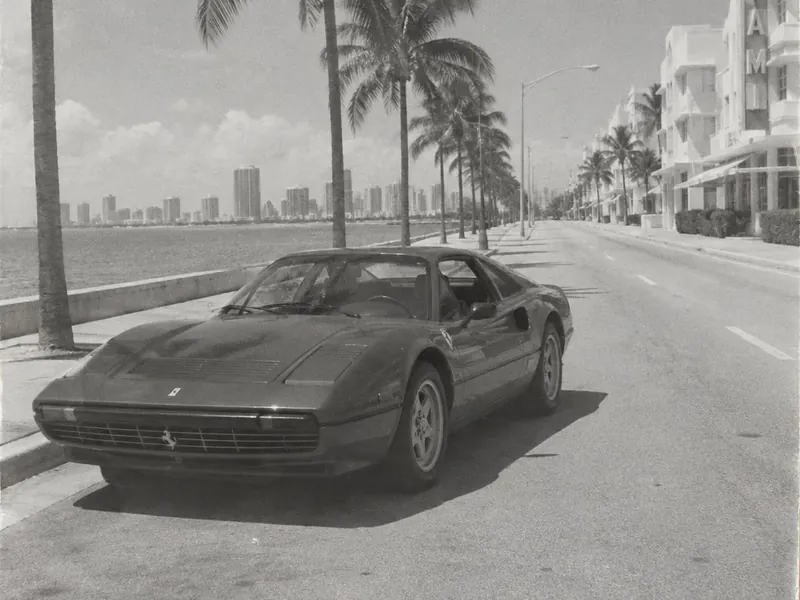 Black-and-white photo of a sports car on a palm-lined street before restoration