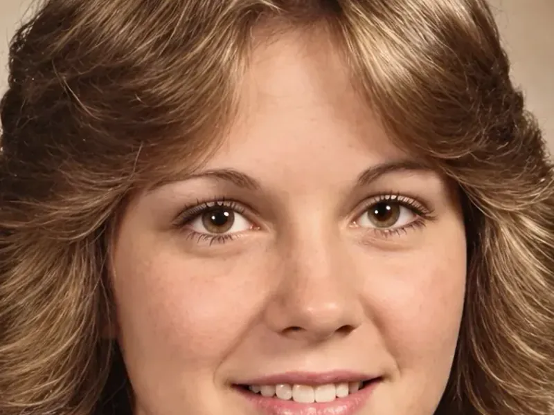 The same face restored with AI, sharp eyes and clear detail