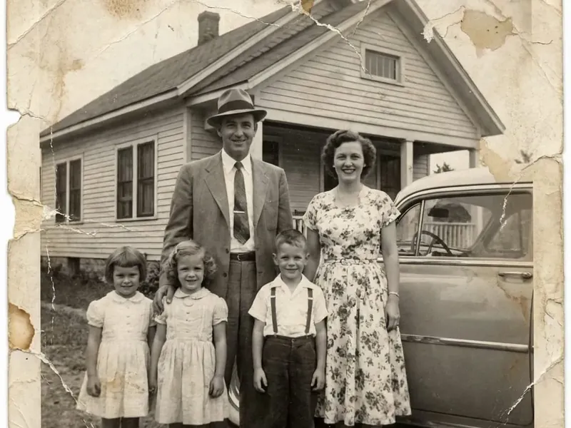 Torn 1954 family photo with ripped corners before AI photo restoration