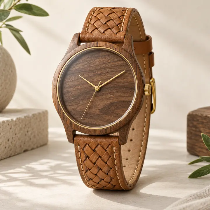 The same watch upscaled 4× with sharp wood grain and hour markers