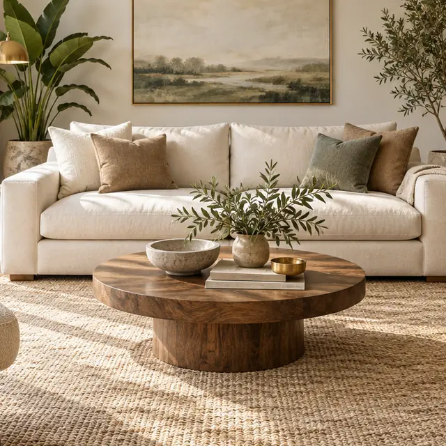 The same living room upscaled 4× with sharp fabric, wood grain and window frames