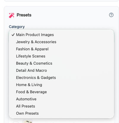 Packshot PRO preset categories for different e-commerce platforms