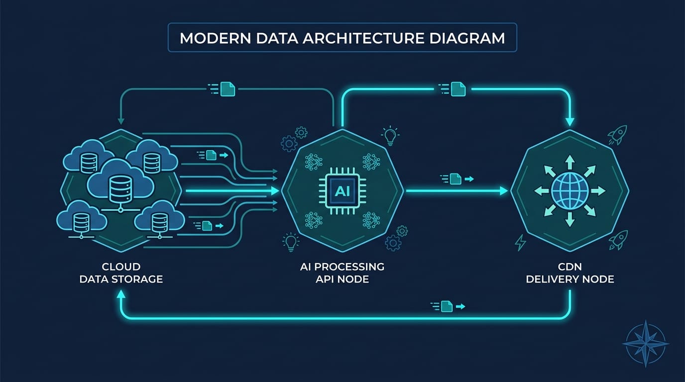 Architectural diagram of a real-time image optimization pipeline with AI API and CDN