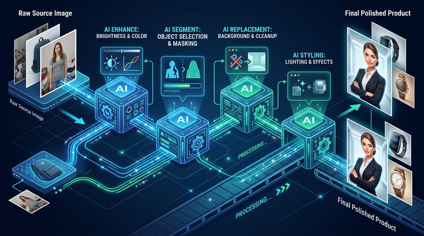 Isometric diagram of an automated AI image processing pipeline