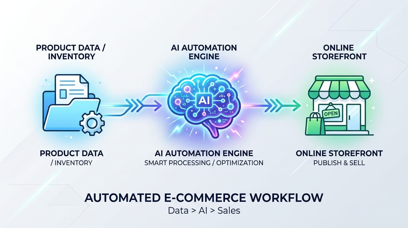 Workflow diagram showing automated e-commerce image processing from folder to AI to storefront