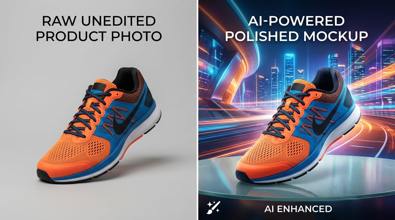 Split screen showing an unedited raw product photo of a sneaker and a polished version with a vibrant AI-generated background