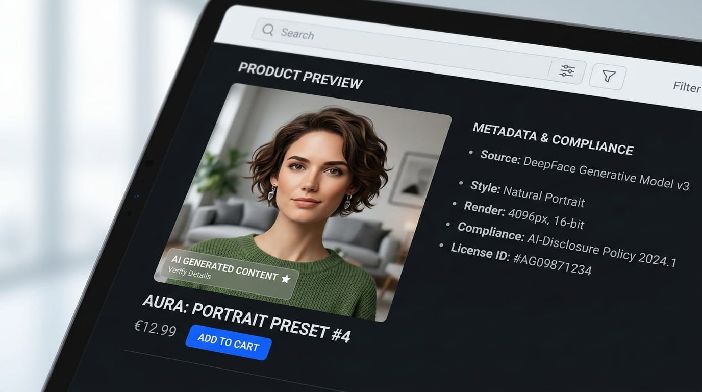 Digital interface showing an e-commerce product photo with an AI Generated Content compliance badge