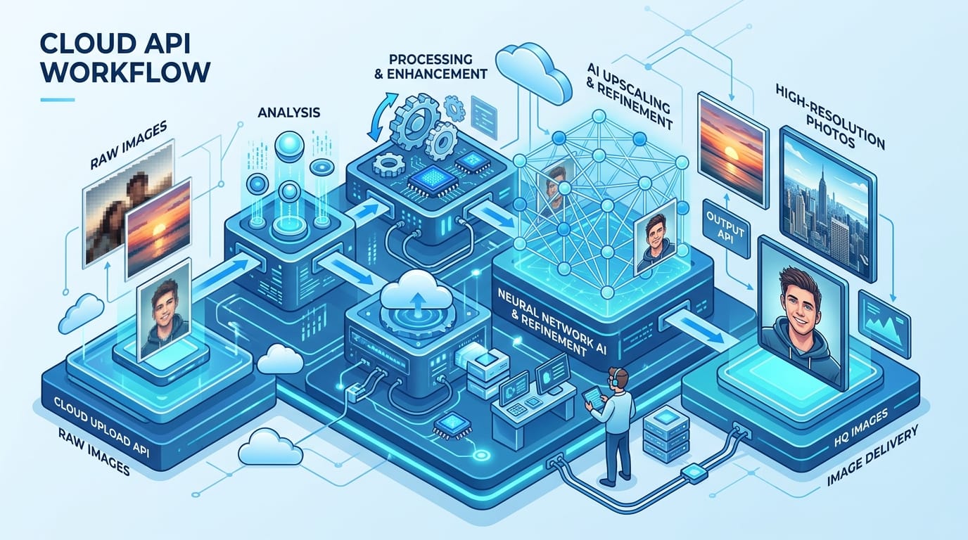 Isometric illustration of an automated cloud API workflow processing images
