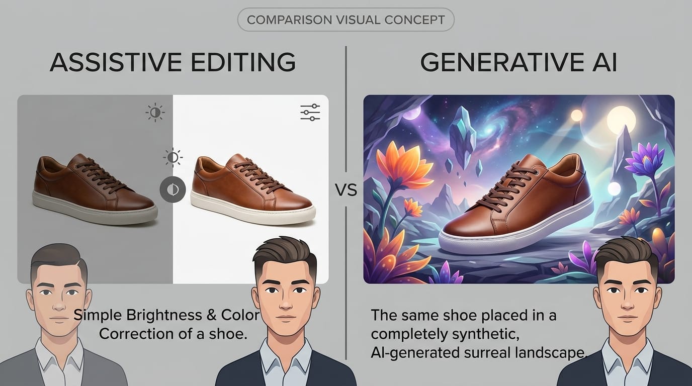 Split screen comparing assistive editing color correction with generative AI background replacement