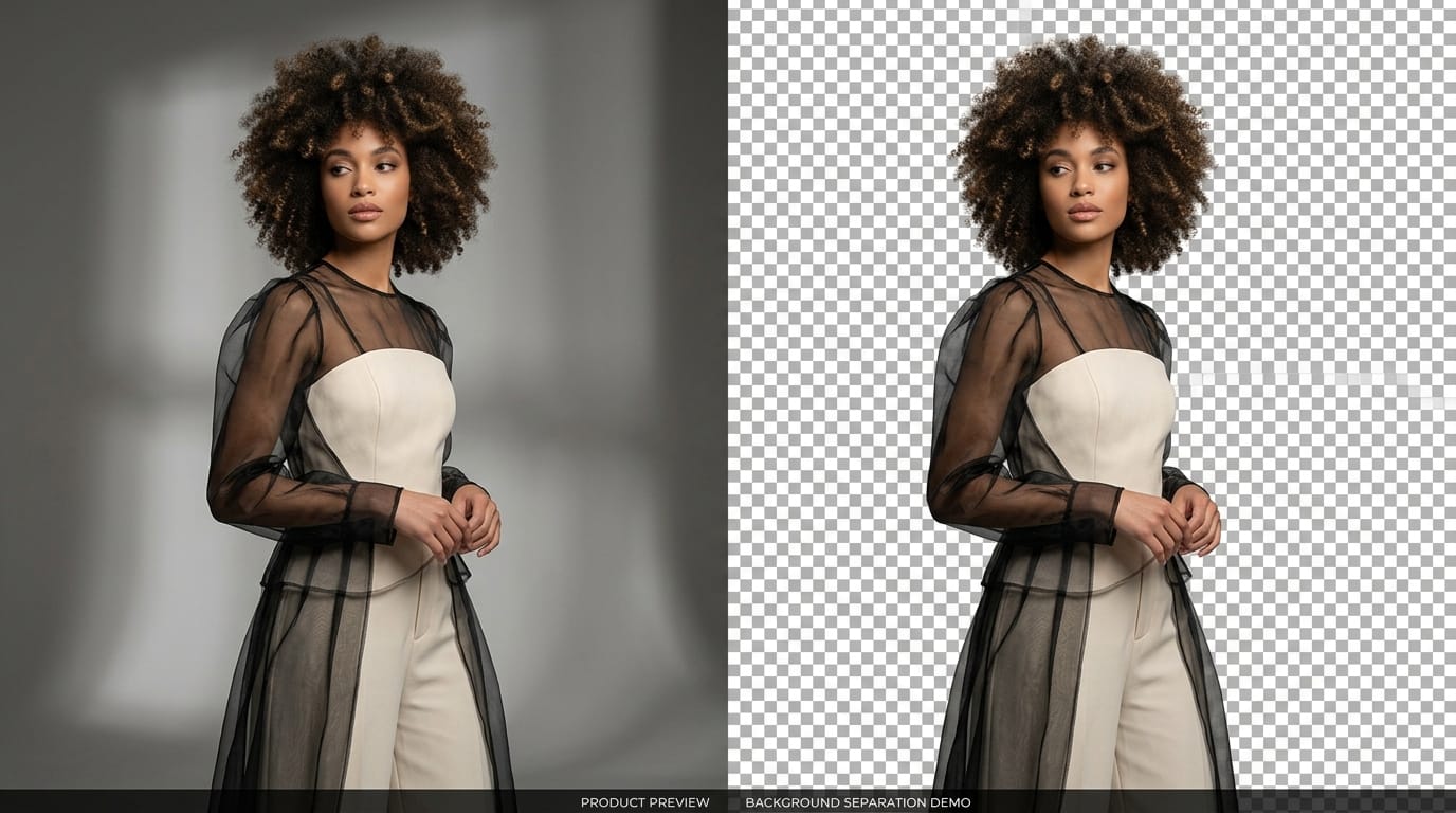 Perfect AI background removal demonstrating complex segmentation of hair and sheer fabric
