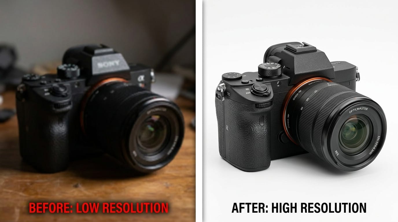 Comparison of a blurry low-resolution product photo and a sharp high-resolution e-commerce image