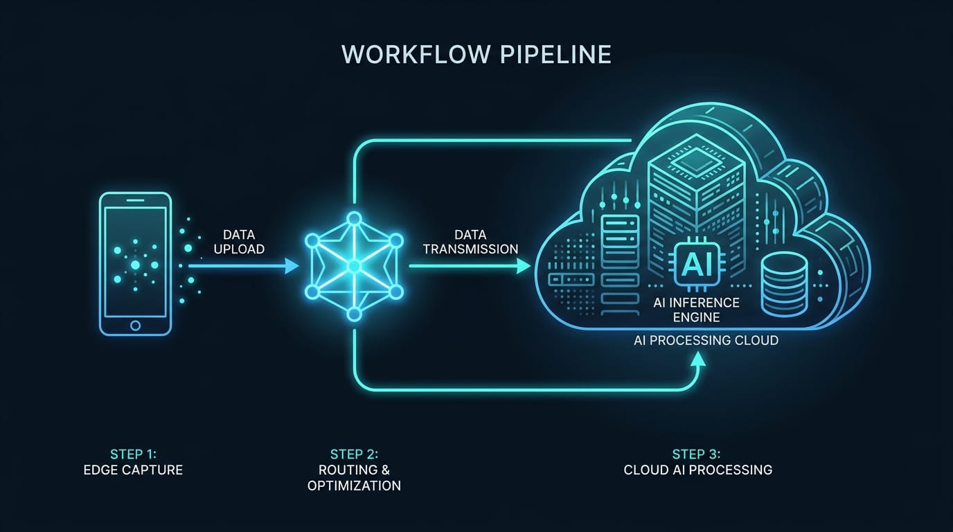 Technical diagram showing a hybrid workflow pipeline moving data from an edge device to a cloud server for AI processing