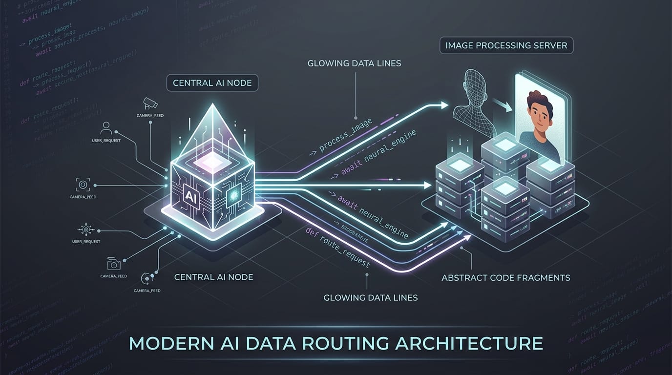 Architectural diagram showing an AI agent routing data to an image processing server via MCP