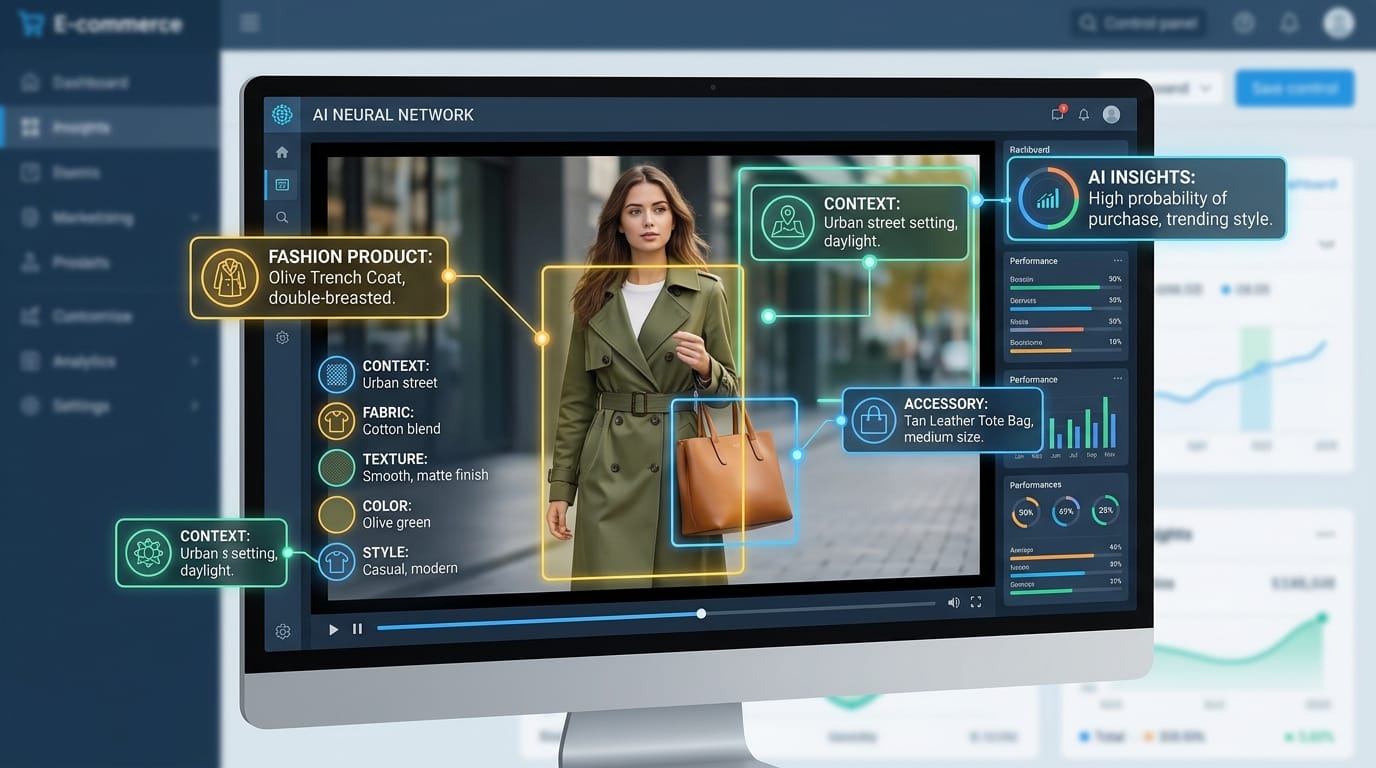 Conceptual visualization of an AI neural network analyzing a video frame for e-commerce visual search
