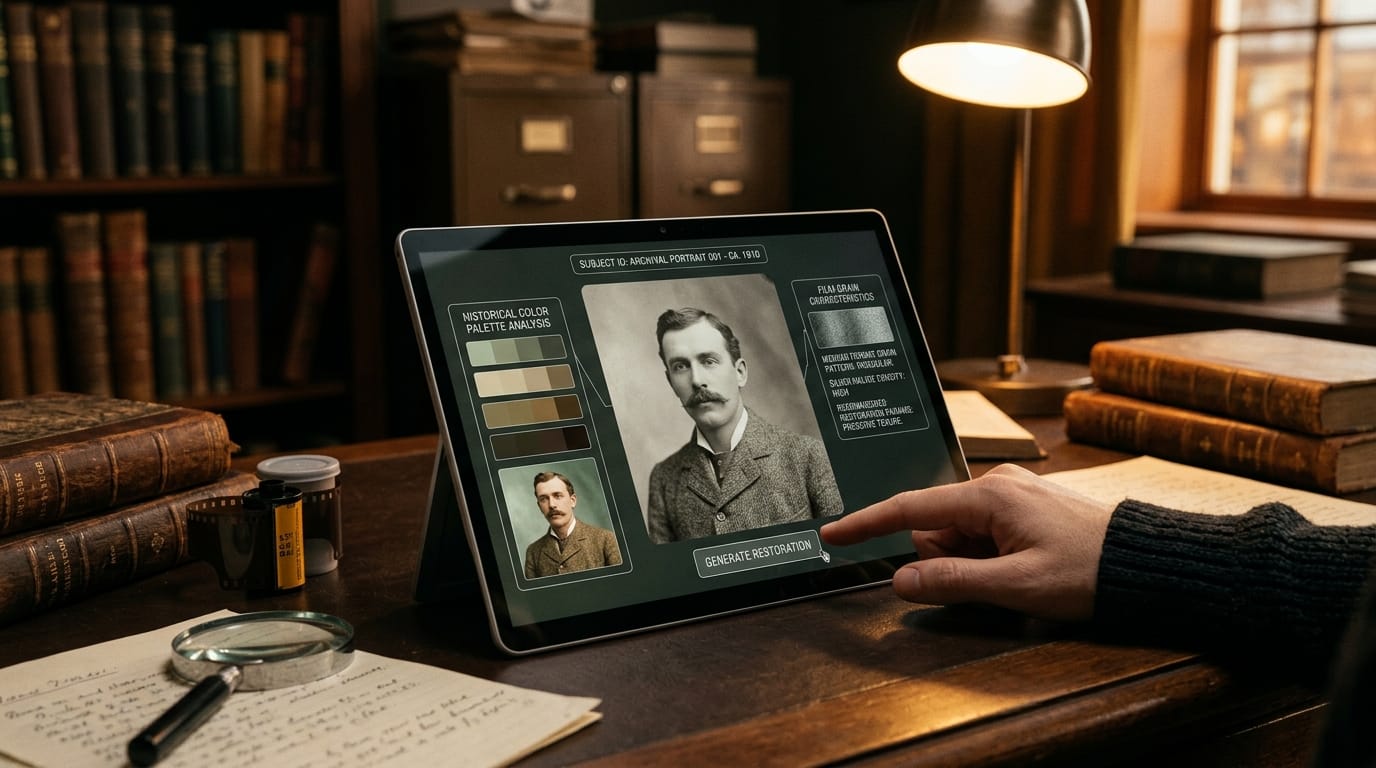 Archivist using an AI tablet to analyze historical color palettes and film grain data for photo restoration
