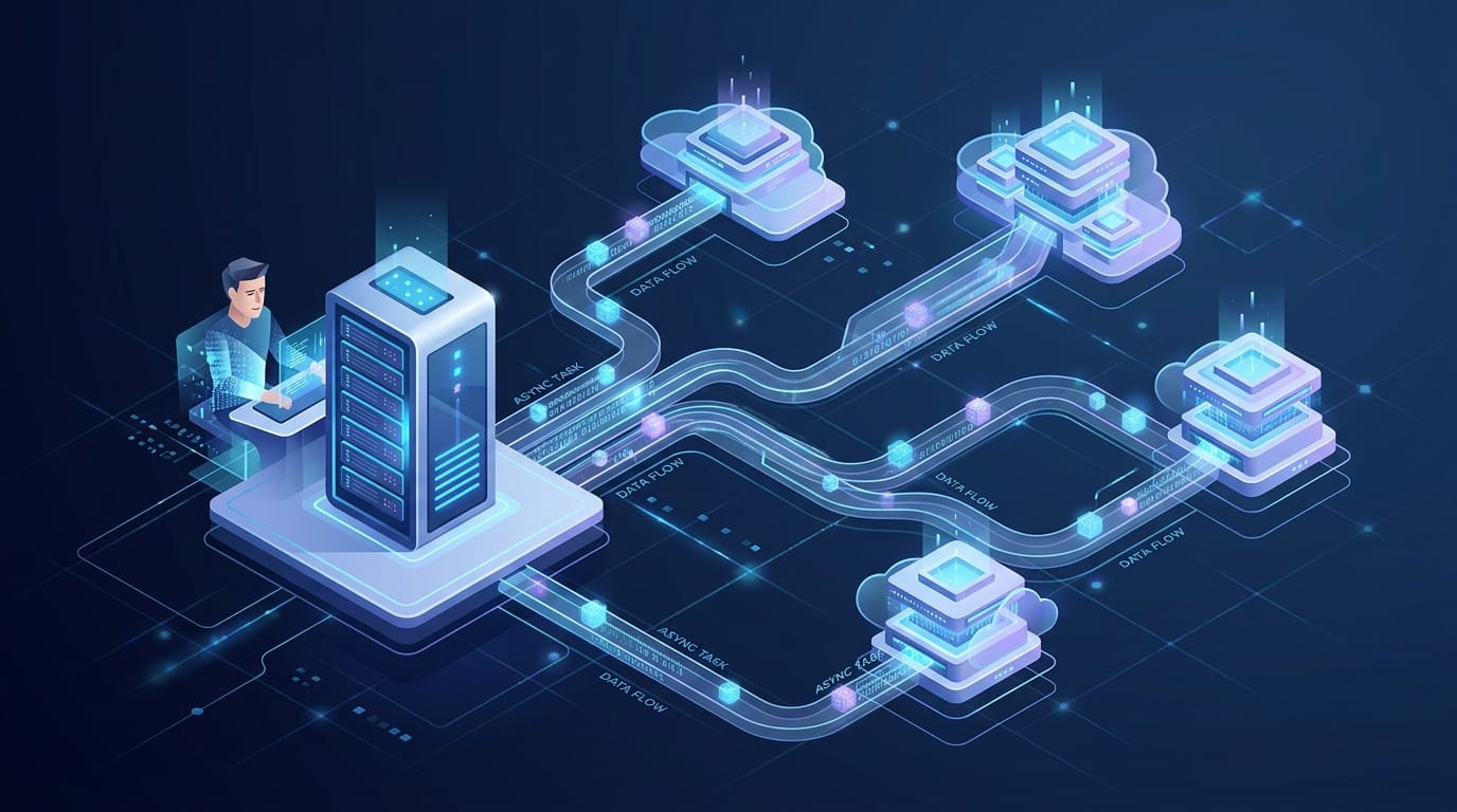 Conceptual 3D isometric illustration of a server communicating with multiple cloud processing units, representing asynchronous data flow