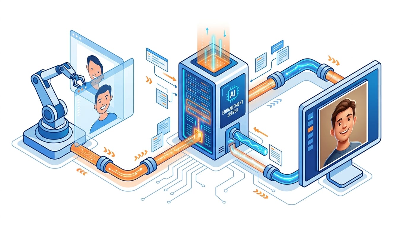 Isometric illustration of an automated AI image processing pipeline