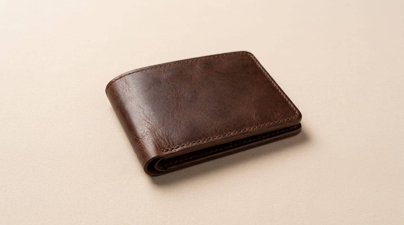 Minimalist e-commerce product photo of a premium leather wallet on a soft beige background