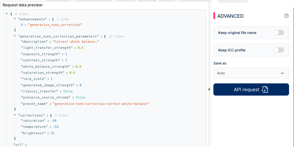 Advanced tab showing a generated API request preview for light and color correction settings