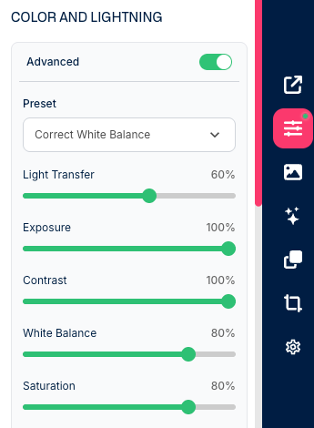 Deep-Image.ai settings for a mild baby photo color correction with Correct White Balance and Light Transfer at 60 percent