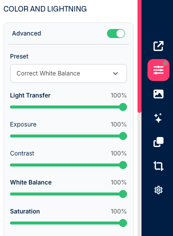 Deep-Image.ai settings for full baby photo color correction with Correct White Balance preset and all controls at 100 percent