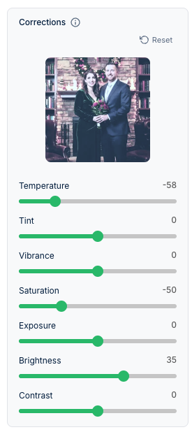 Corrections settings for the wedding photo showing temperature minus 58, saturation minus 50, and brightness 35