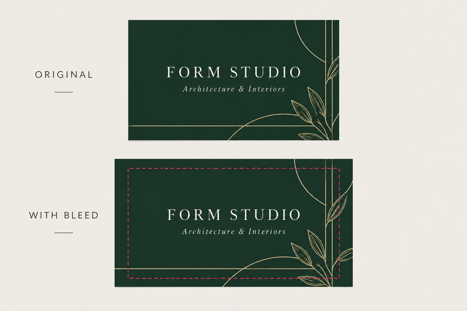 Forest-green business card with background and gold ornament extending beyond the trim guide.