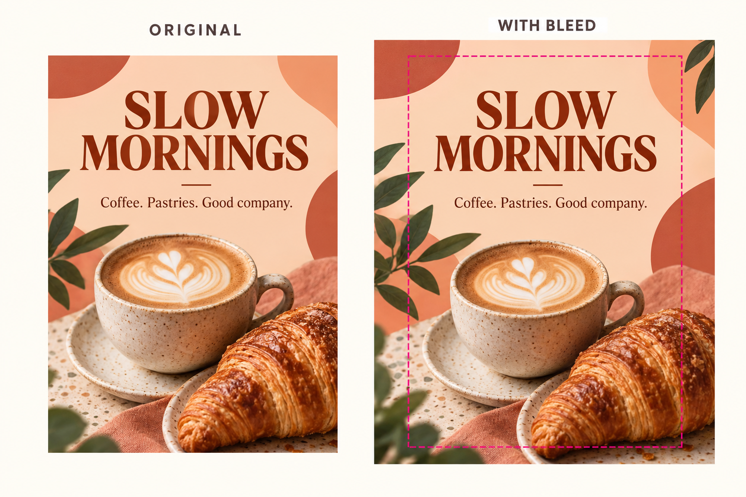 Café flyer comparison showing artwork extending beyond the magenta trim guide.