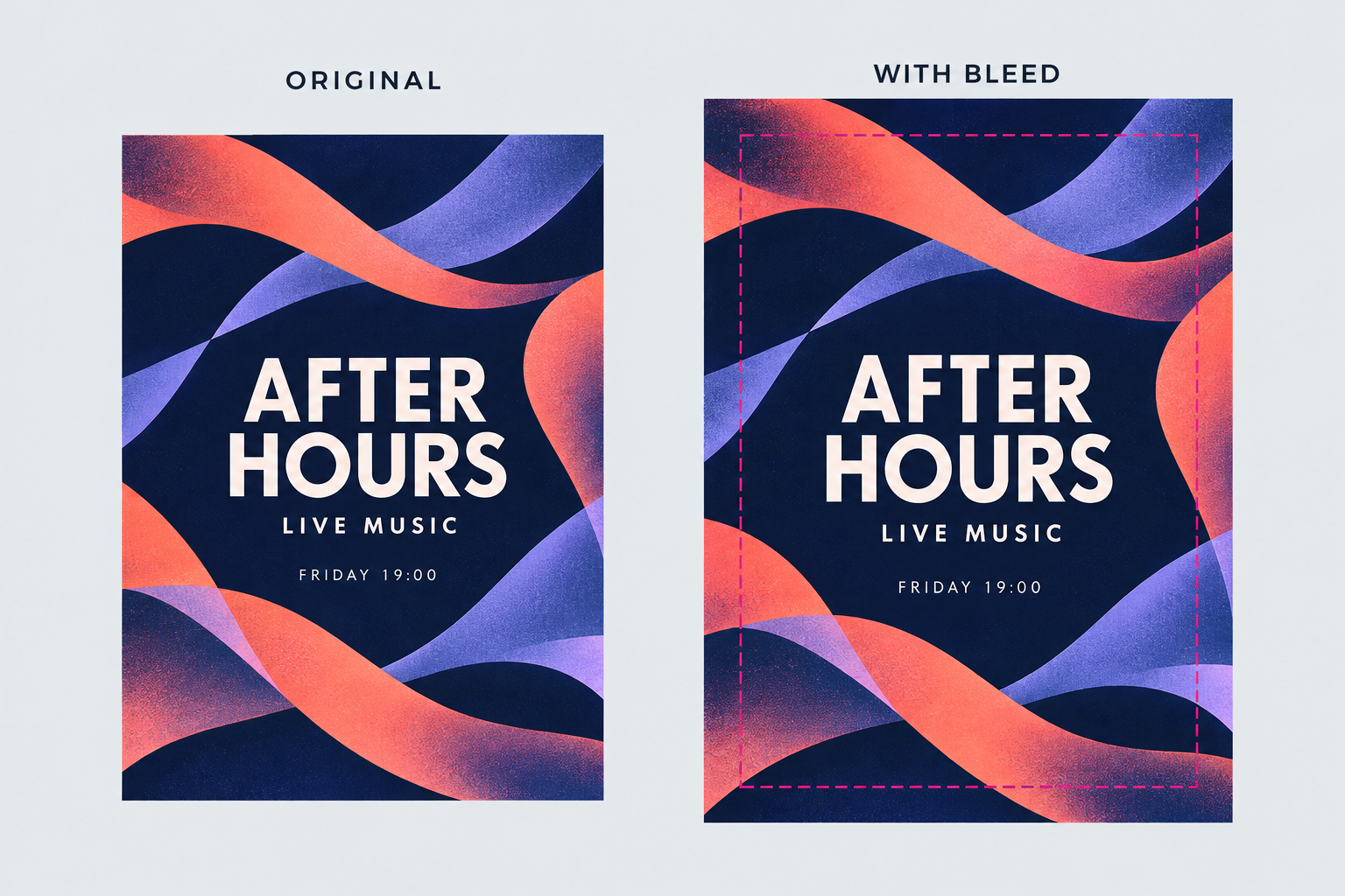 Music event flyer comparison showing abstract ribbons extending beyond the dashed trim boundary.