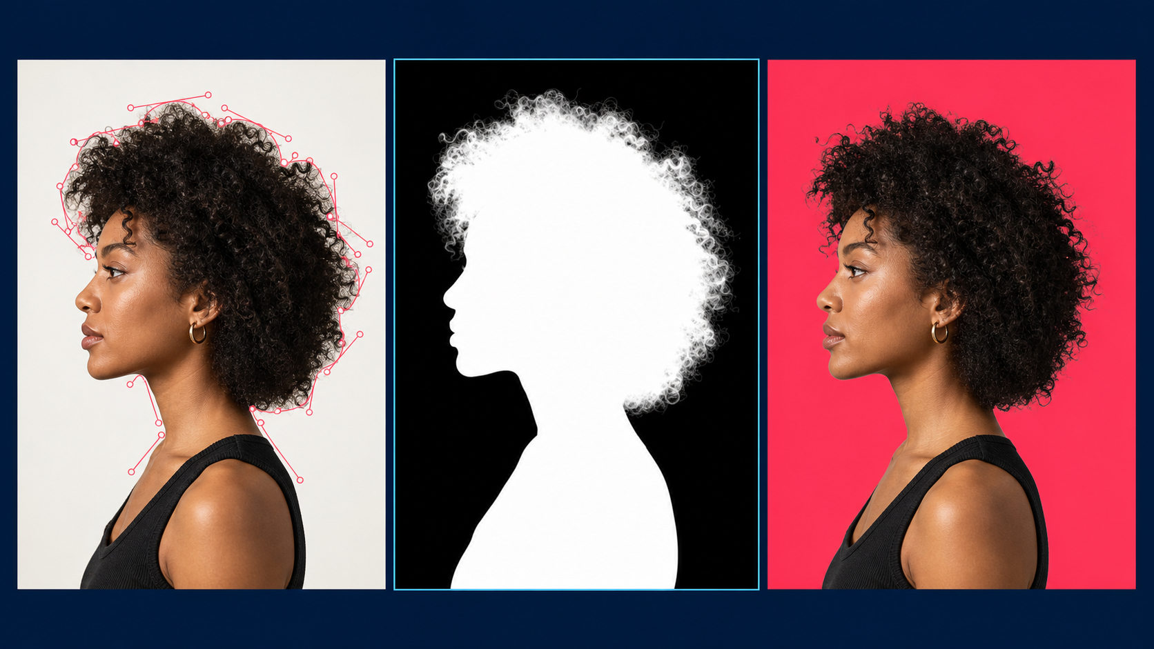 Same curly-haired portrait shown with a clipping path, an alpha matte, and a clean final composite