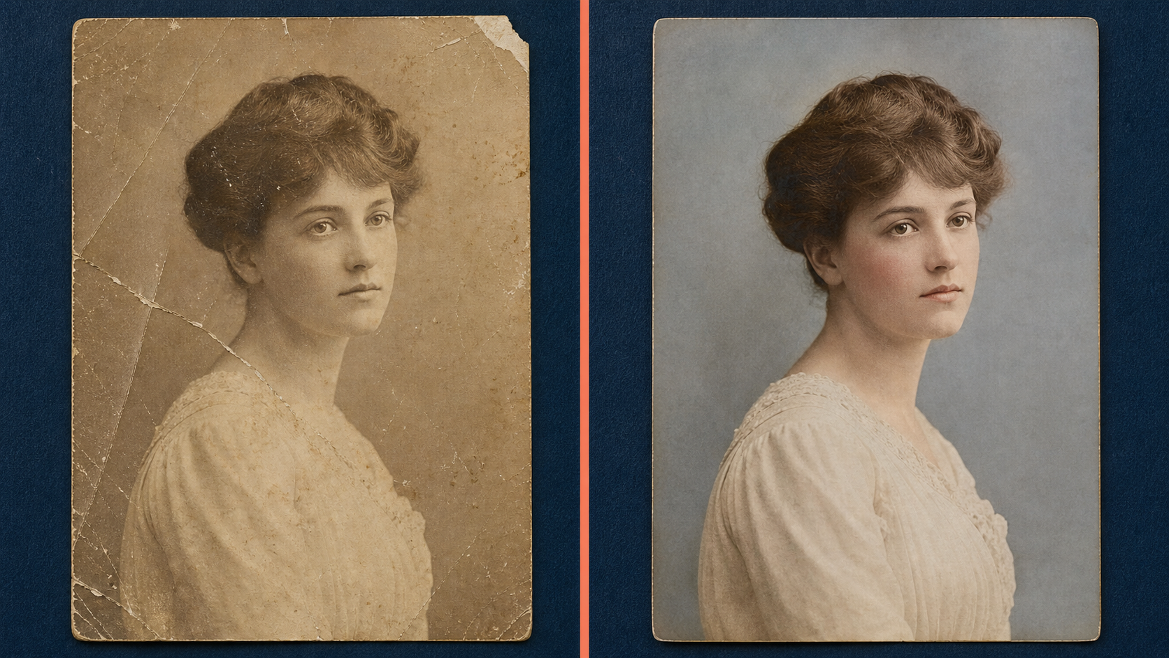 The same vintage portrait shown damaged on the left and carefully restored on the right