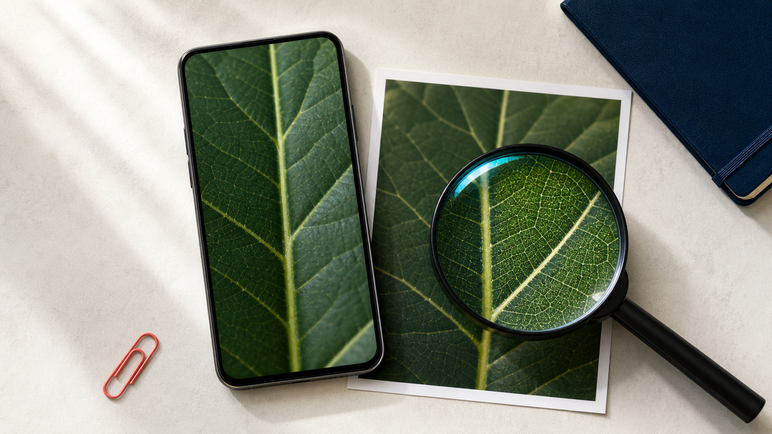 Android phone, leaf photo, and magnifying loupe representing mobile photo detail enhancement