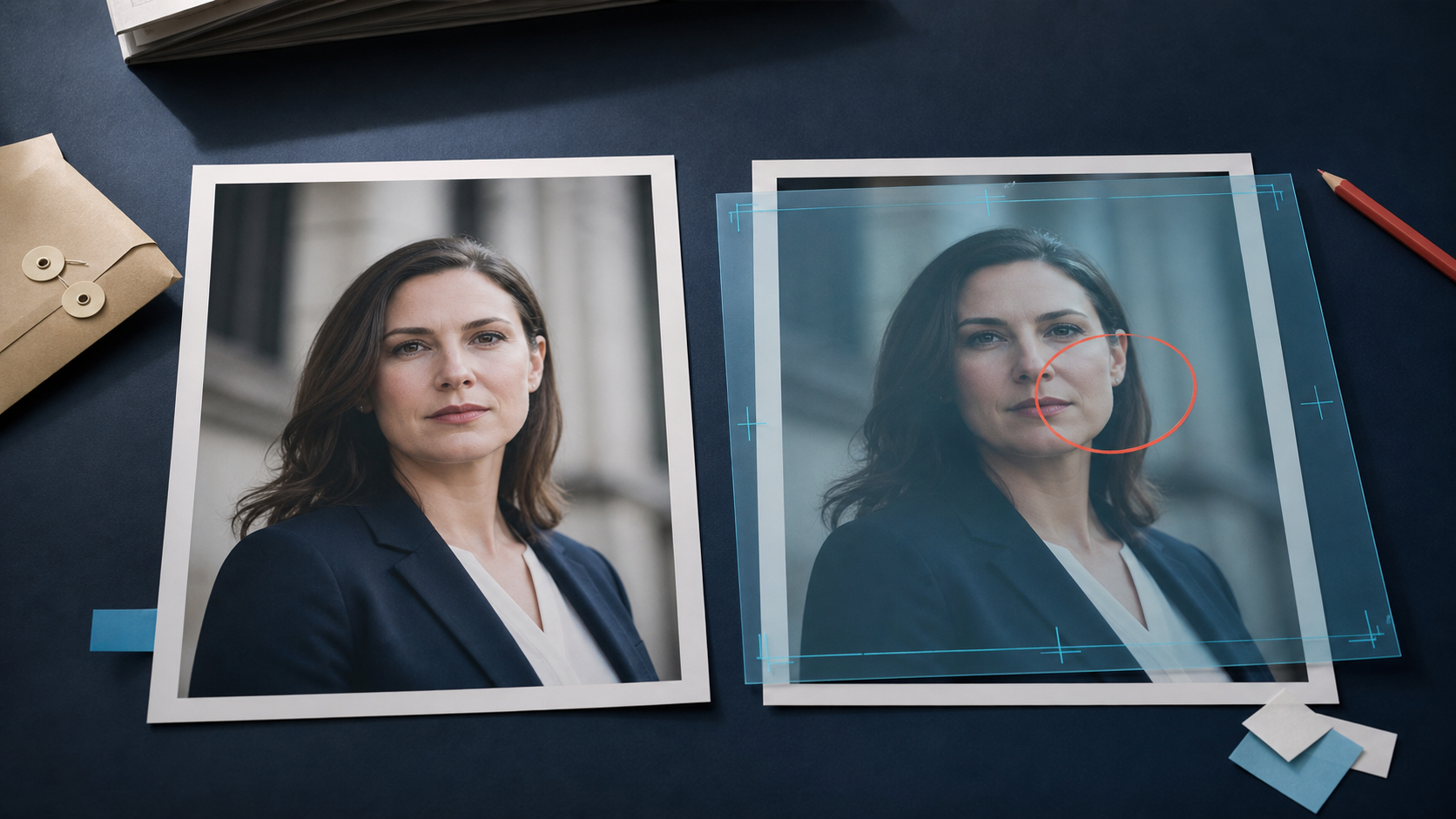 Two matching portrait prints reviewed side by side, with a transparent overlay marking a synthetic alteration