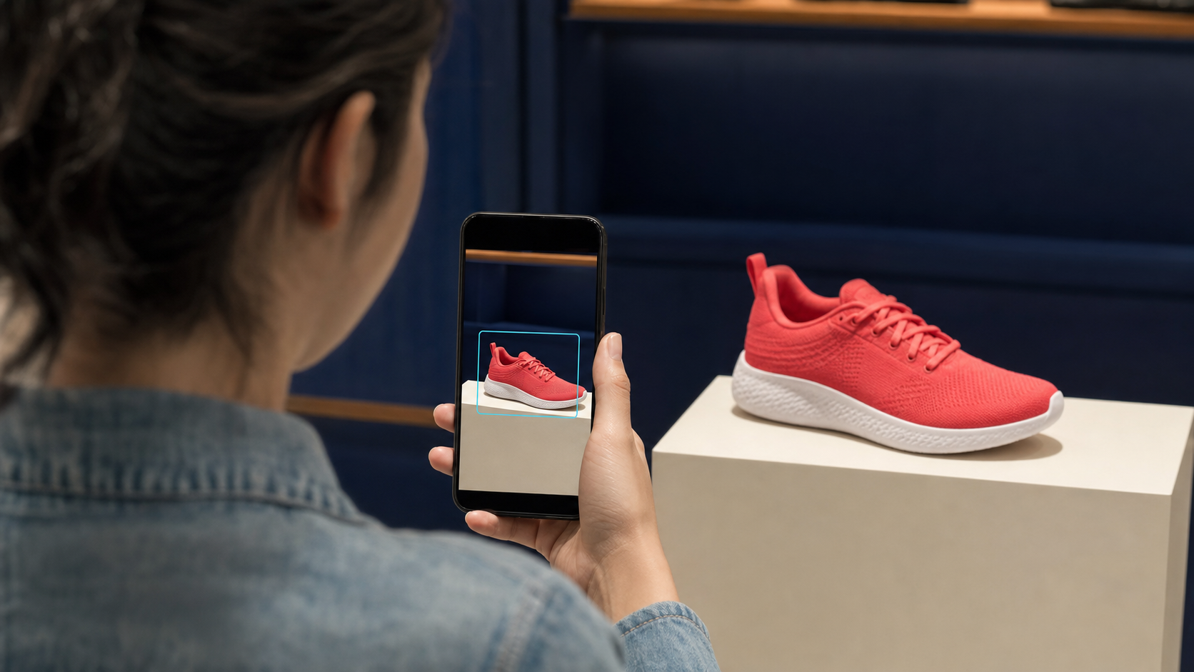 Shopper viewing the same coral sneaker on a phone screen and retail pedestal