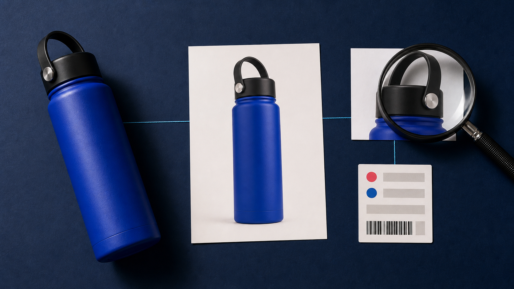 A cobalt bottle shown as the same physical product, catalog packshot, magnified cap detail, and structured product record