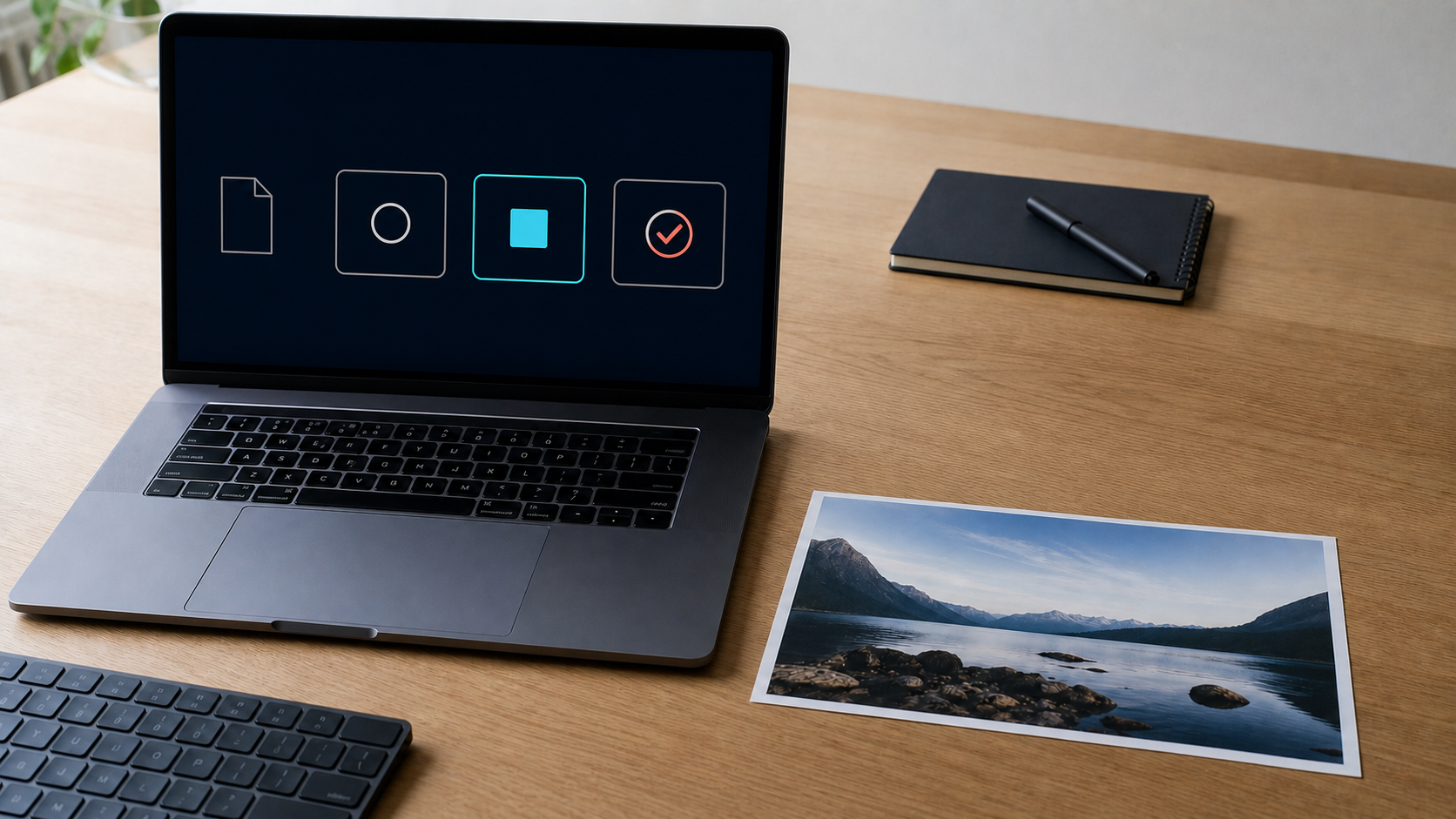Laptop showing bounded image-job states beside a single photographic source asset