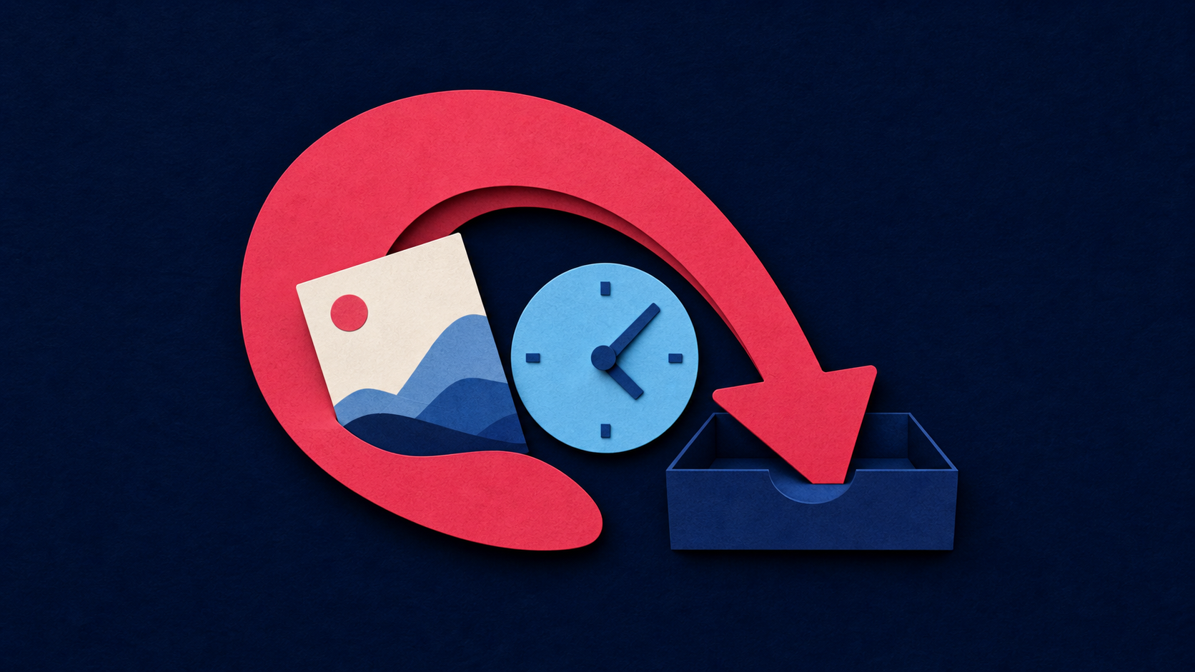 Paper image card and clock enclosed by a callback arrow returning toward an inbox tray