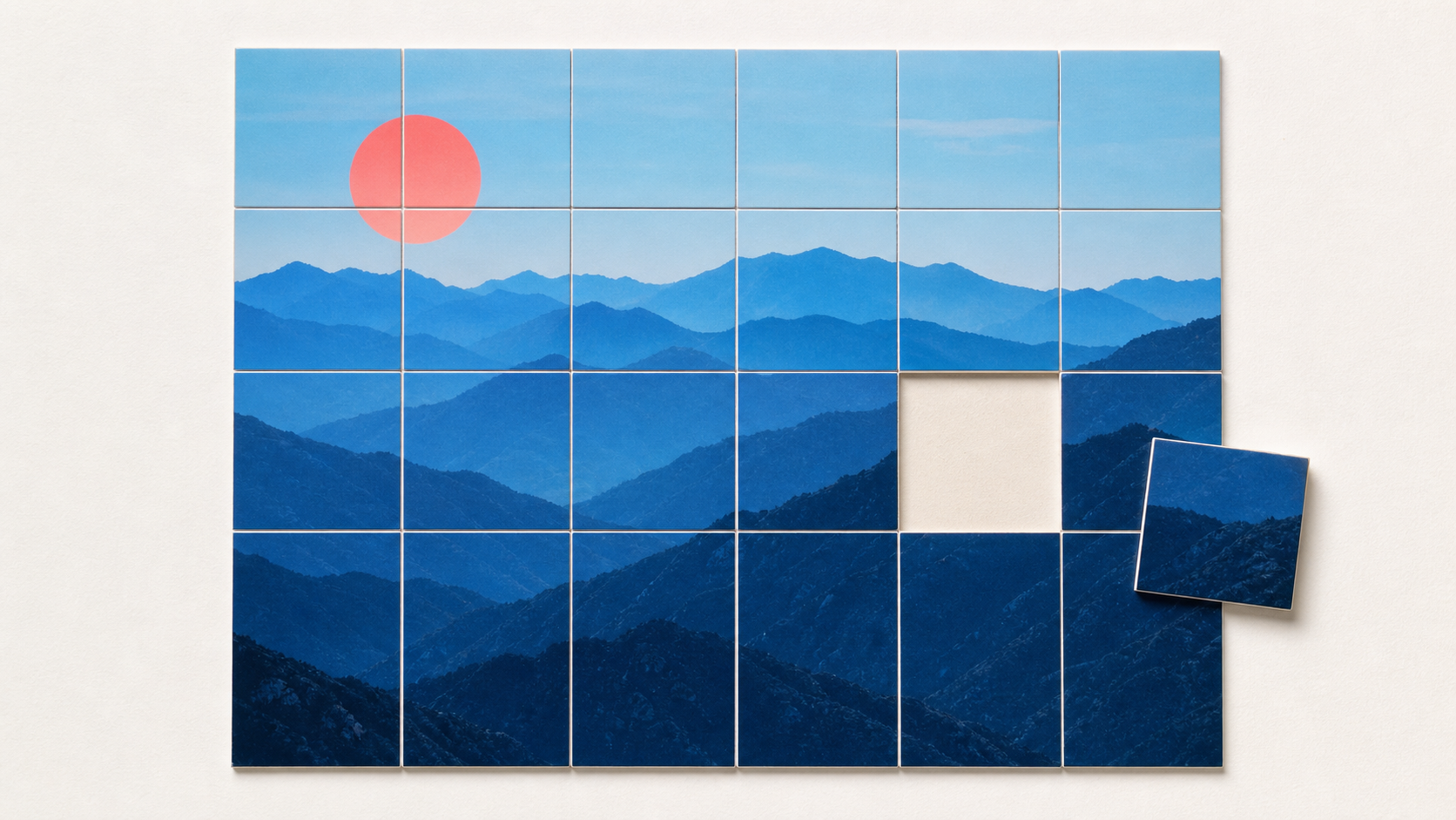 A complete mountain image assembled from equal tiles with one local square ready to be replaced