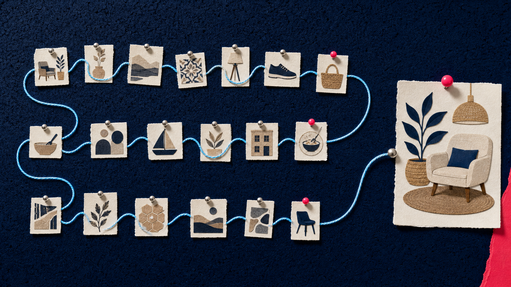 Handmade pinboard showing a long cyan thread connecting past interests to one recommended interior image