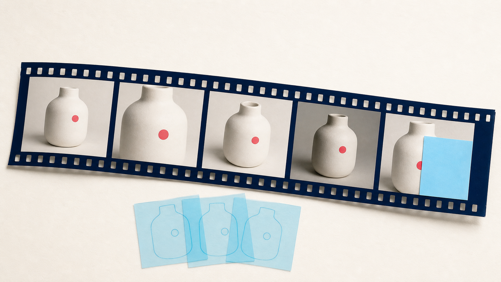 The same unlabeled ceramic vase shown across cropped, rotated, relit, and partially masked photographic views