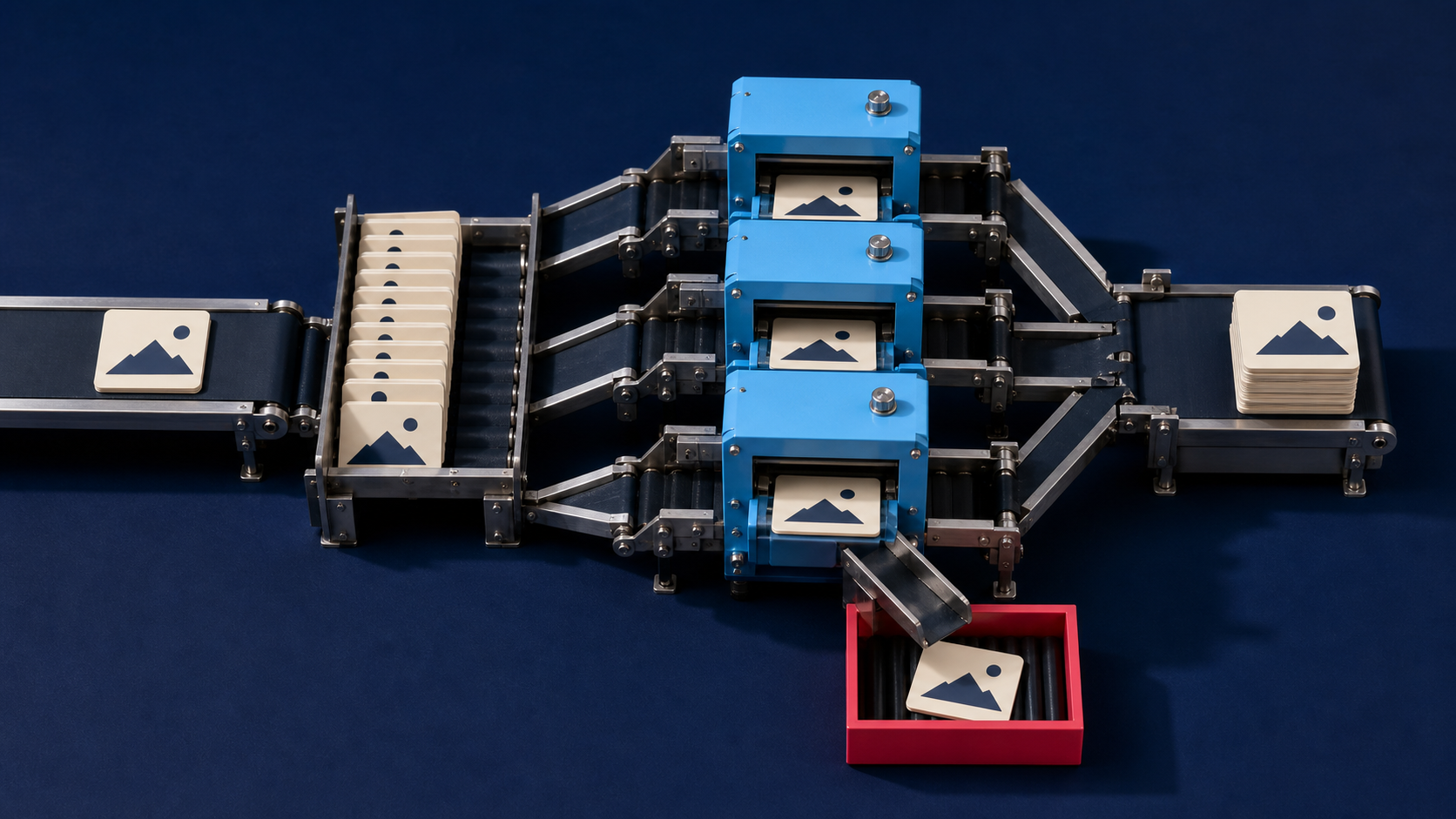 A physical image-card sorting system with a queue, three parallel processing cells, successful output, and a separate rejected-job tray