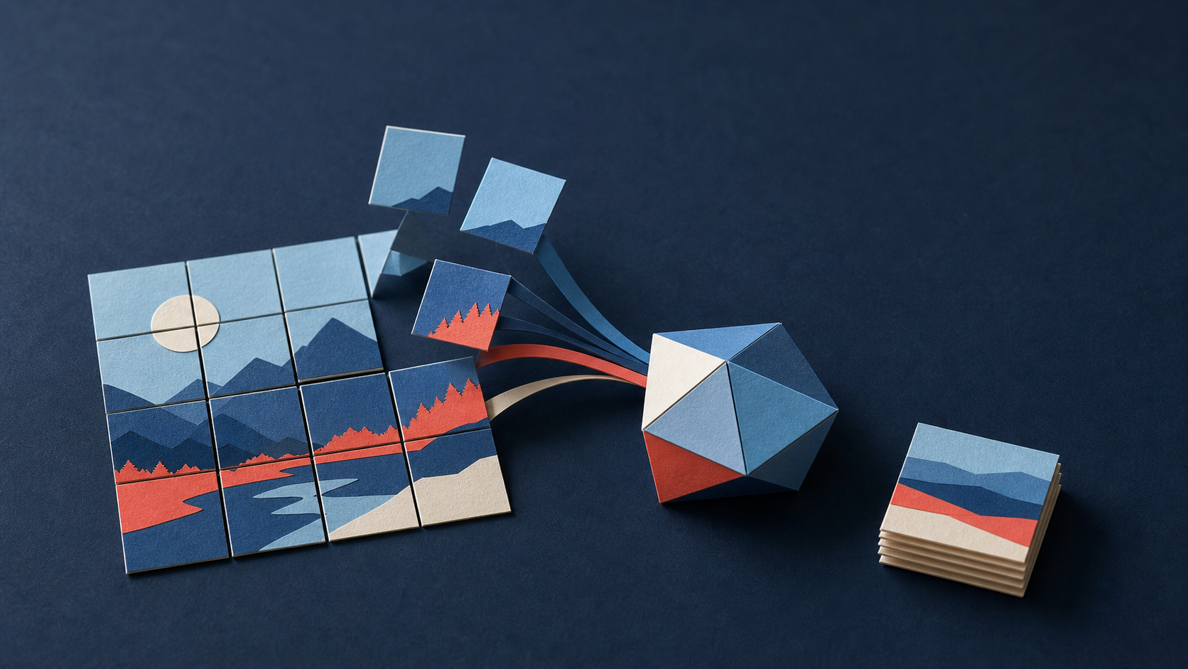 Paper landscape divided into image patches that fold into a compact visual representation