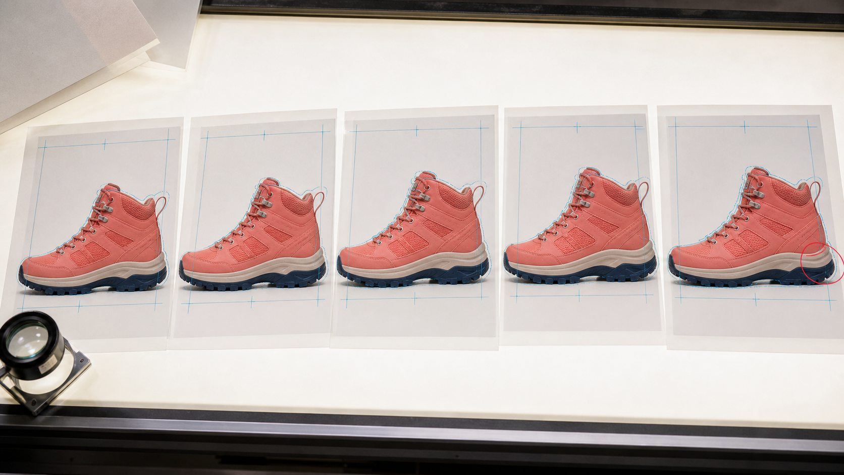 Five registered proofs show one coral hiking shoe gradually changing shape