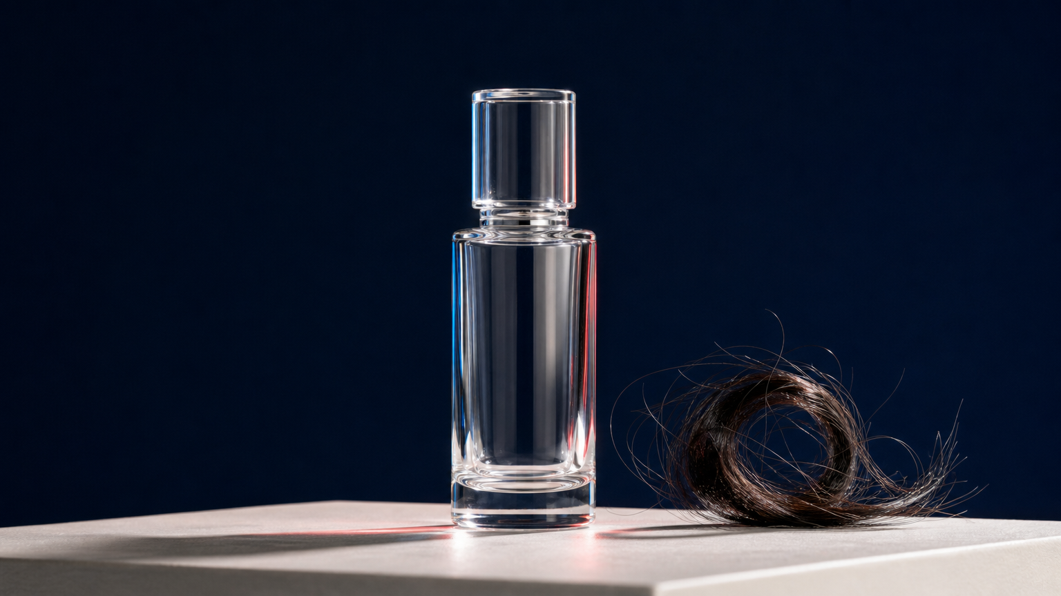 Clear glass cosmetic bottle beside a loose curl of hair on a studio plinth