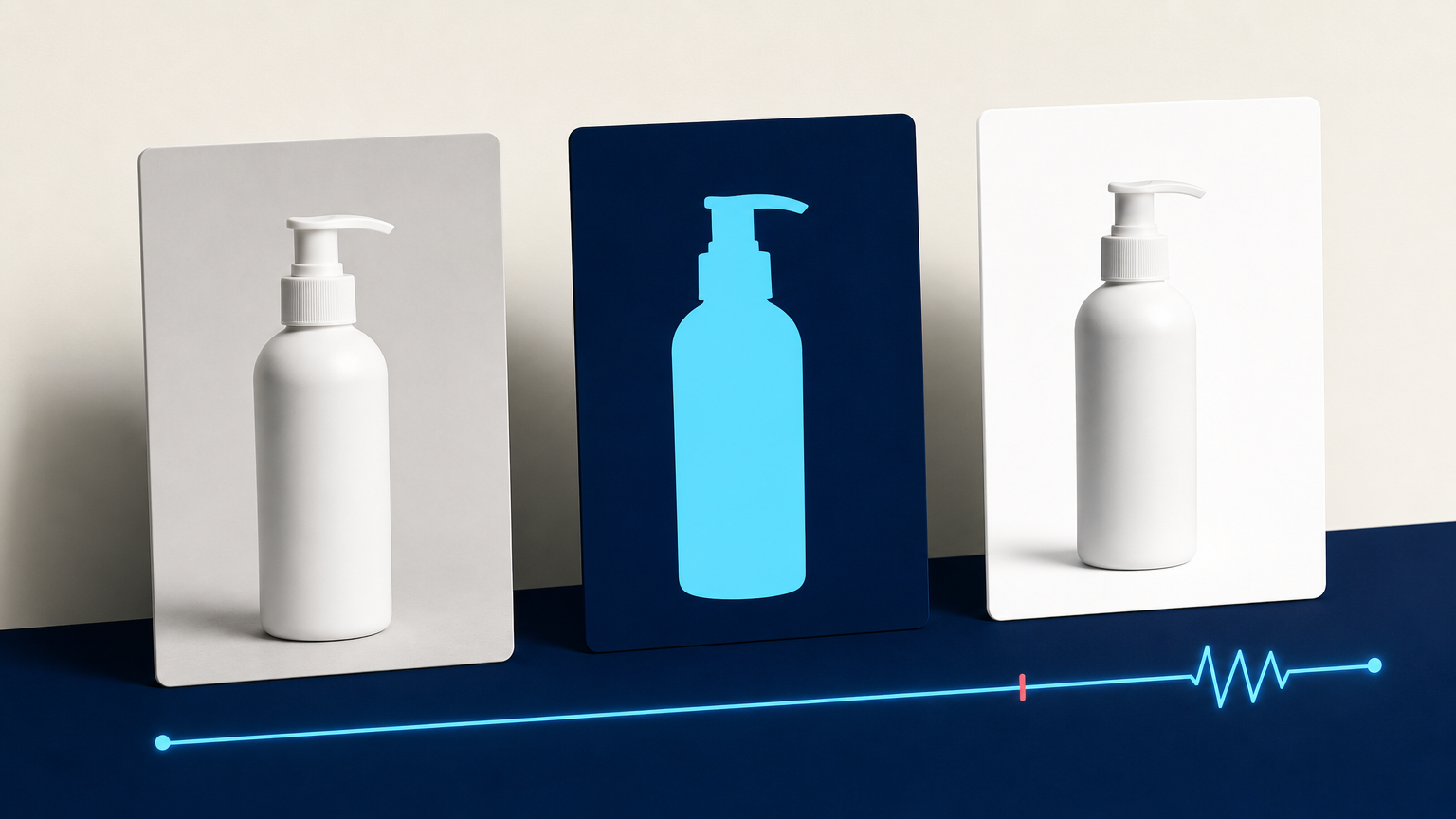 Three-stage product image workflow from source photo to cyan cutout to white catalog background