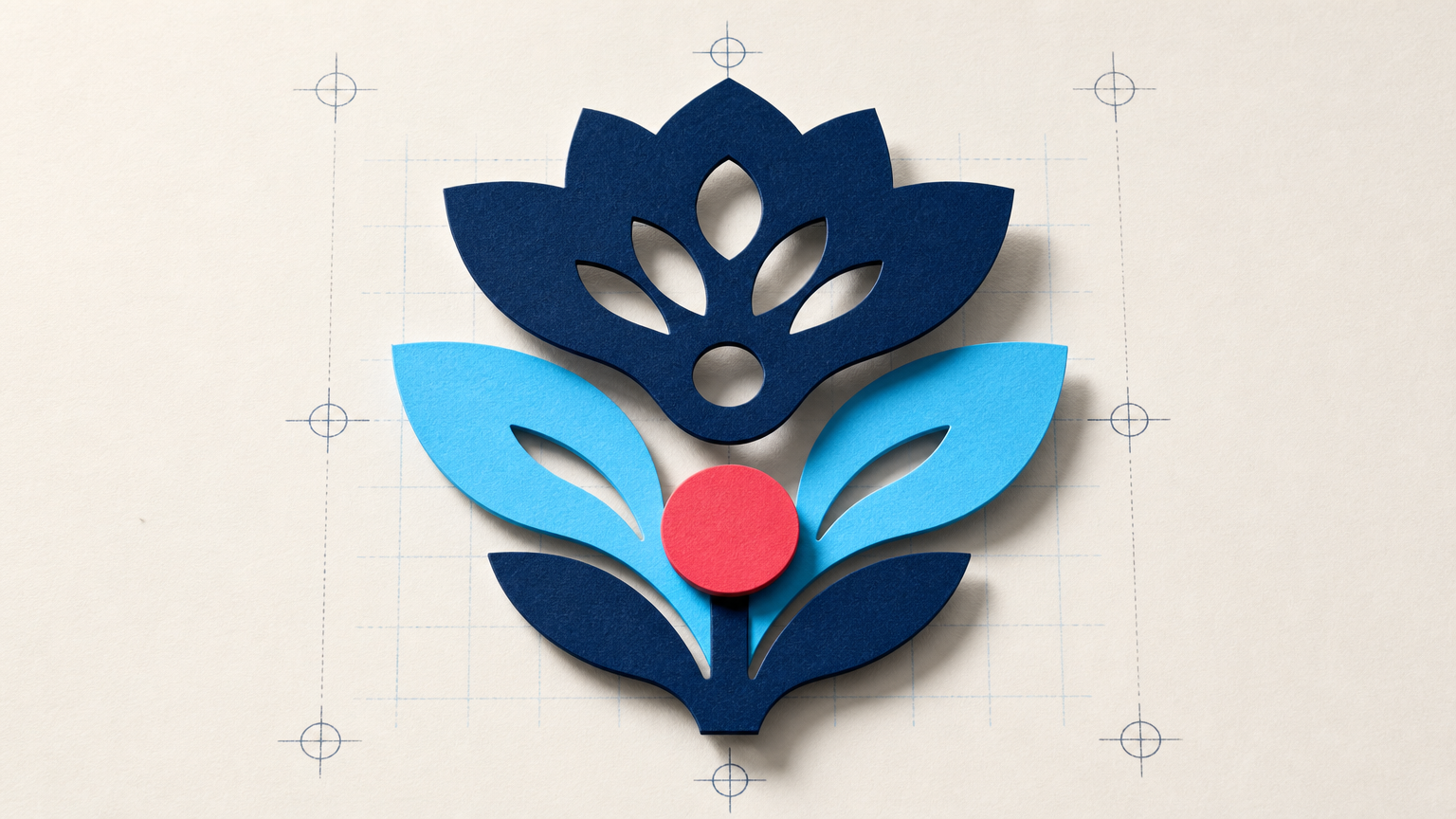 Layered navy, cyan, and coral vector flower emblem on an off-white grid