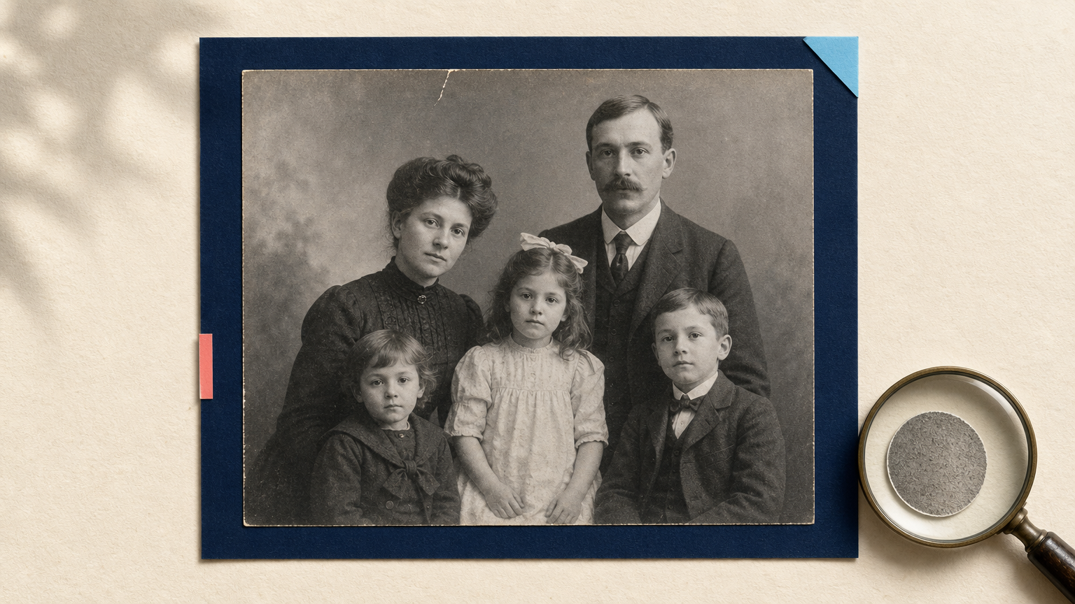 Vintage family portrait print with film-grain sample examined by a magnifier