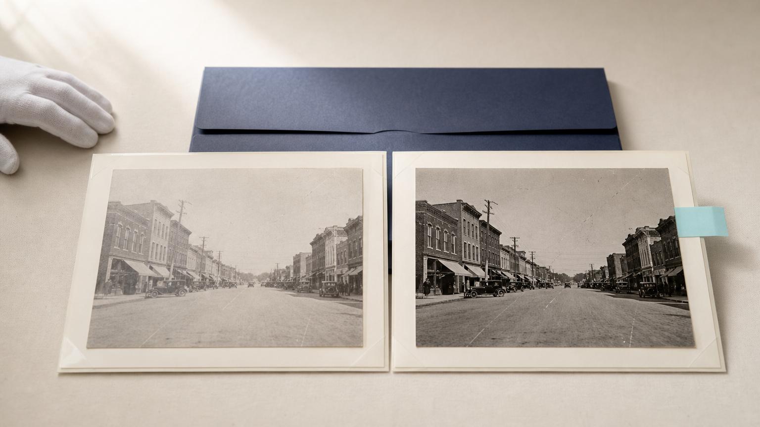 Original and restored archival street photograph prints on a conservation table