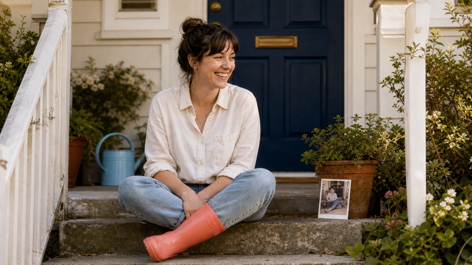 Adult recreating a childhood pose beside a faded childhood snapshot on front steps