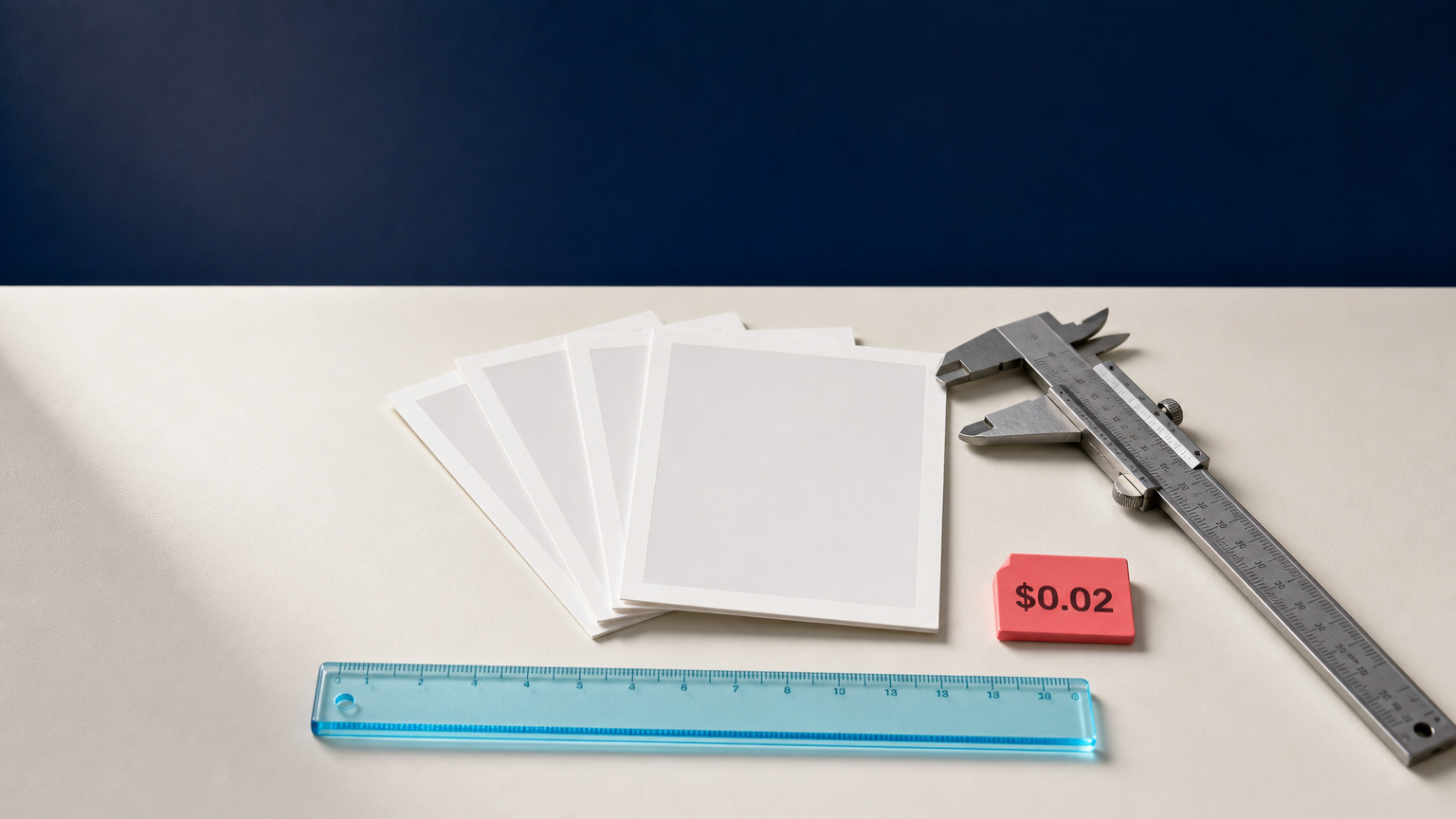 Photo prints, caliper, and coral $0.02 price tag on a studio desk